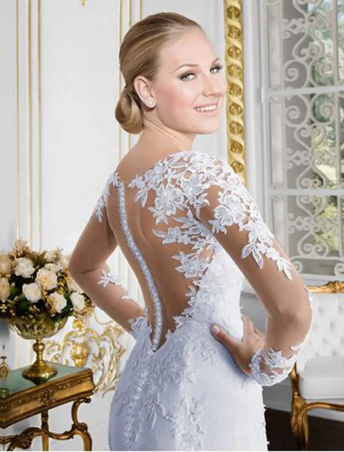 Open Back Sexy Formal Wedding Dresses Mermaid Illusion Neck Long Sleeve Chapel Train Lace Bridal Gowns With Lace Appliques