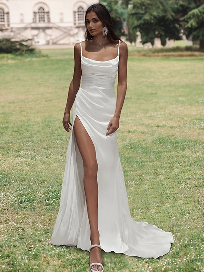 Stretch Crepe Wedding Dresses Beach Wedding Mermaid Adjustable Strapes Square Neck Drapped High Slit Sleeveless Open Back Court Train Stretch Fabric Bridal Suits Bridal Gowns