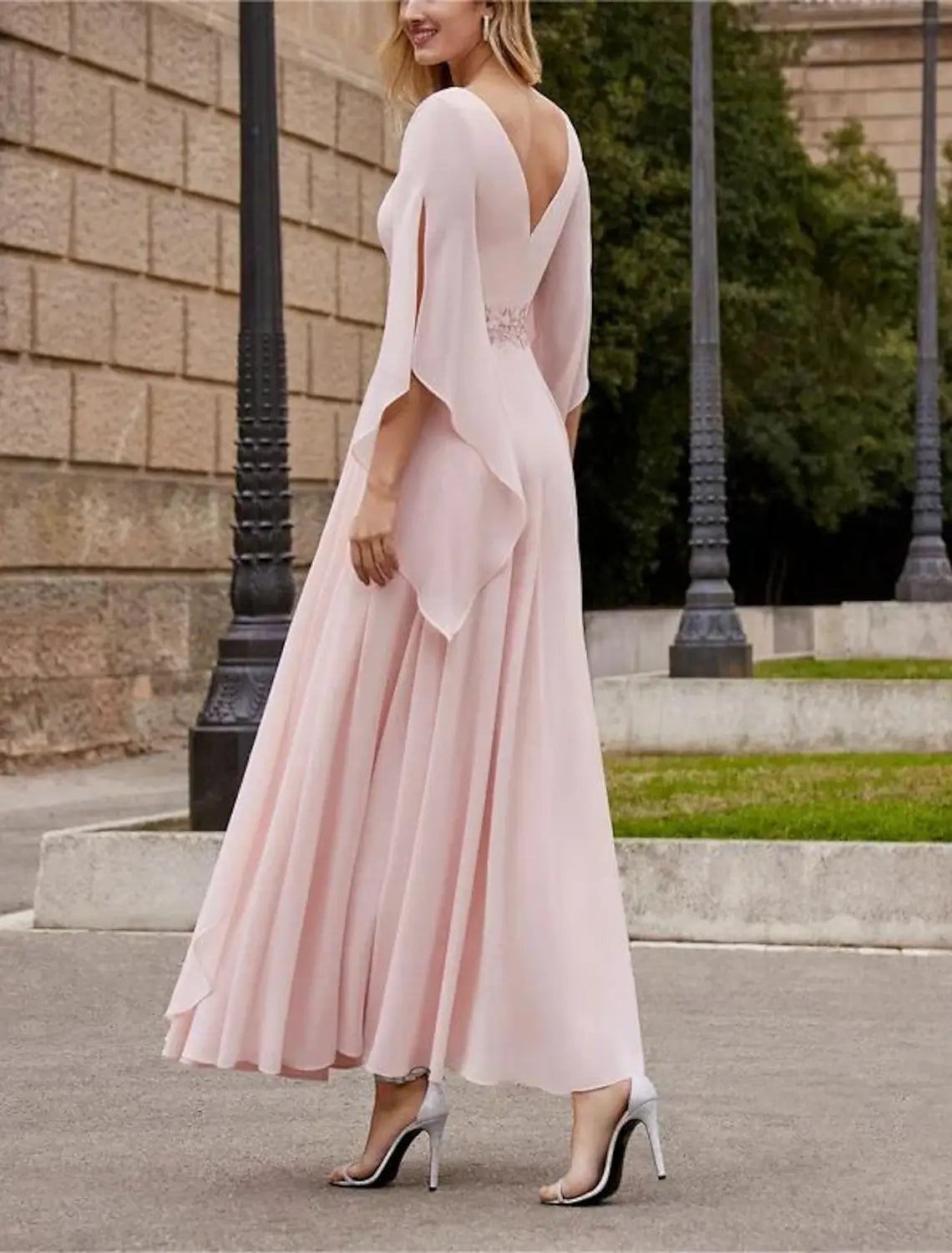 Beach Wedding A-Line Mother of the Bride Dress Formal Wedding Guest Elegant Bateau Neck Ankle Length Chiffon 3/4 Length Sleeve with Beading Sequin