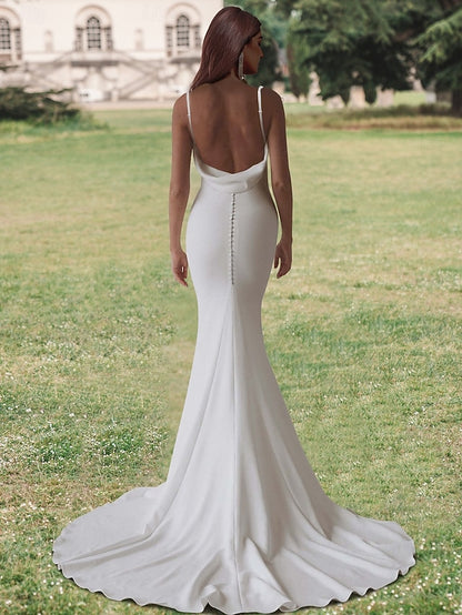 Stretch Crepe Wedding Dresses Beach Wedding Mermaid Adjustable Strapes Square Neck Drapped High Slit Sleeveless Open Back Court Train Stretch Fabric Bridal Suits Bridal Gowns