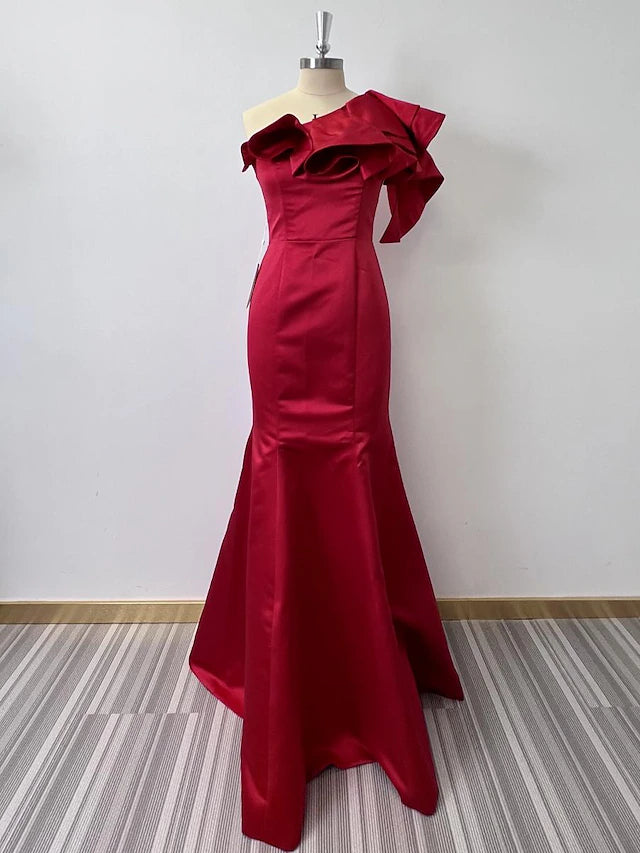 Mermaid Evening Gown Corsets Dress Formal Wedding Guest Floor Length Sleeveless One Shoulder Taffeta with Ruffles Shouder Flower Masquerade Dress