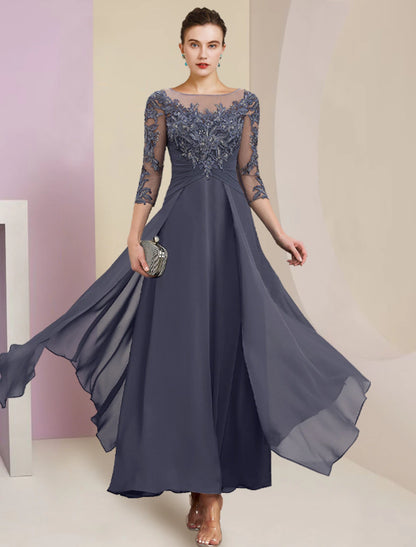Sheath / Column Mother of the Bride Dress Wedding Guest Elegant Simple Jewel Neck Ankle Length Chiffon Lace 3/4 Length Sleeve with Pleats Sequin