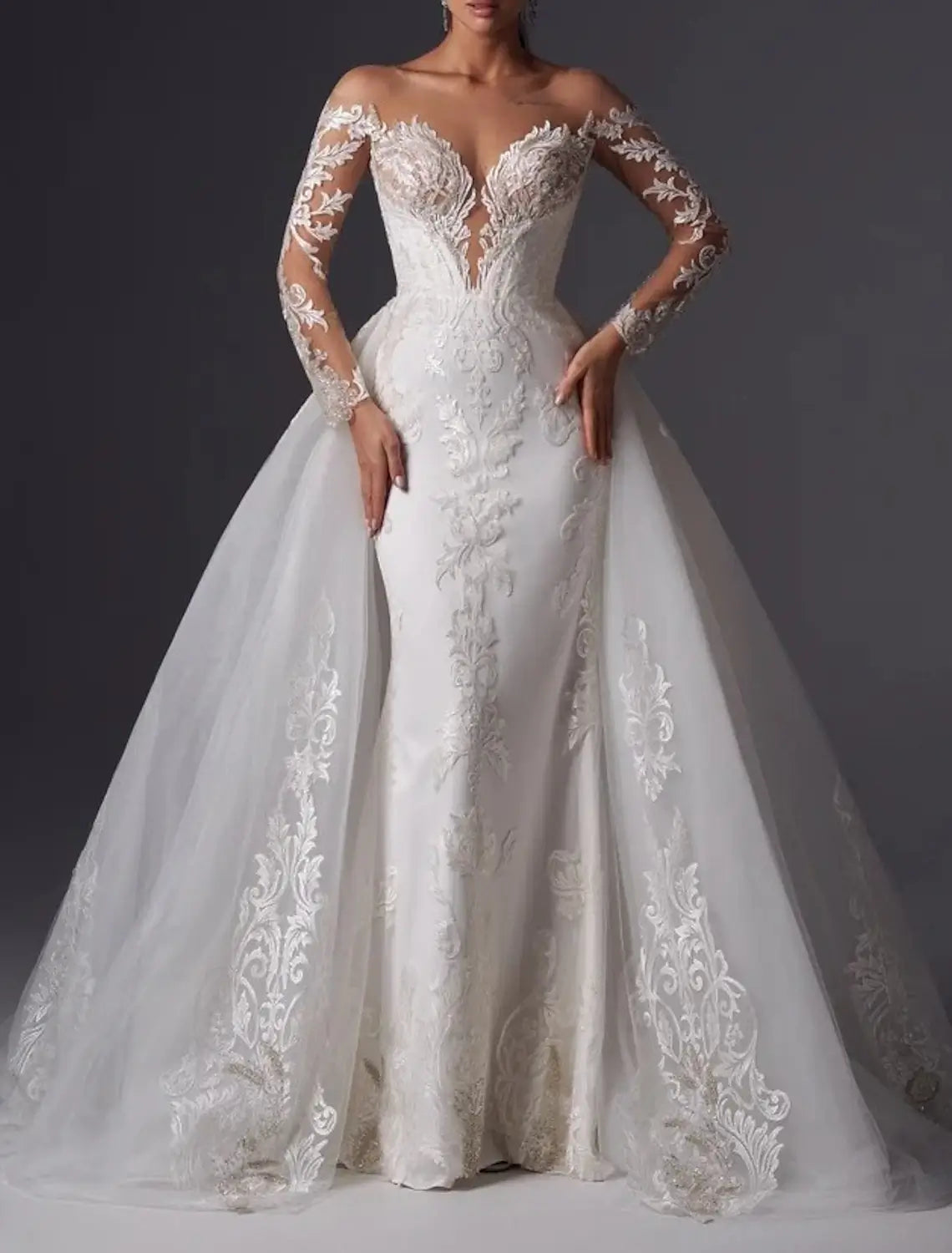 Engagement Formal Wedding Dresses Mermaid Off Shoulder Long Sleeve Court Train Satin Bridal Gowns With Appliques Solid Color
