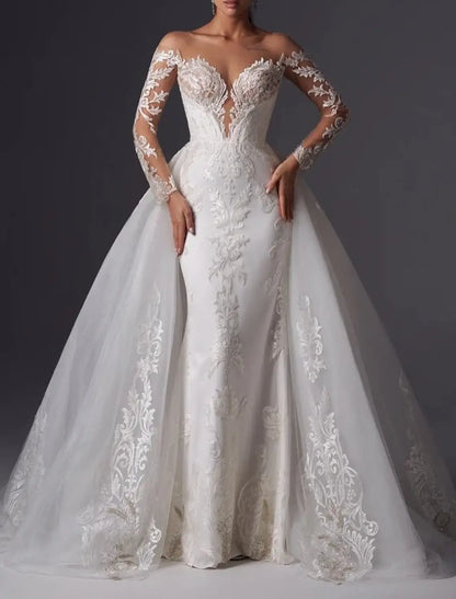 Engagement Formal Wedding Dresses Mermaid Off Shoulder Long Sleeve Court Train Satin Bridal Gowns With Appliques Solid Color