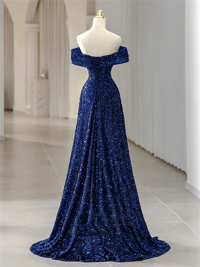 A-Line Mermaid Trumpet Floor Length Prom Dresses Elegant Sleeveless Off Shoulder Prom Evening Party Sequined Backless with Pleats Sequin