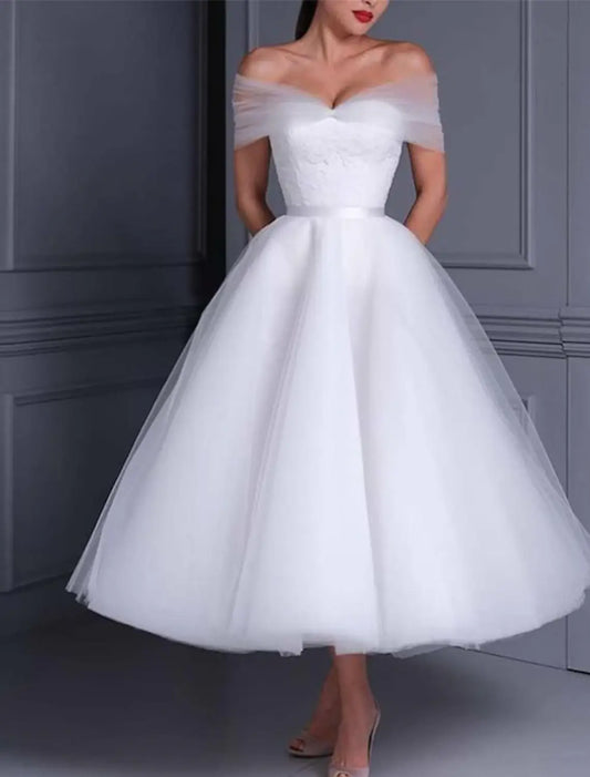 Reception Little White Dress Bridal Shower Dresses Wedding Dresses Ball Gown Off Shoulder Cap Sleeve Tea Length Lace Bridal Gowns With Pleats Appliques