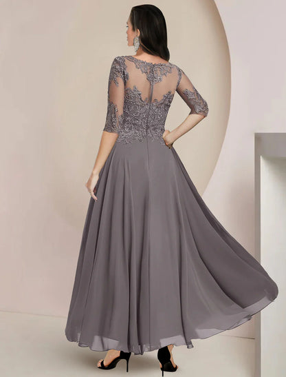 A-Line Lace Dress Mother of the Bride Dress Formal Wedding Guest Elegant High Low Scoop Neck Asymmetrical Tea Length Chiffon Lace Half Sleeve with Pleats Appliques