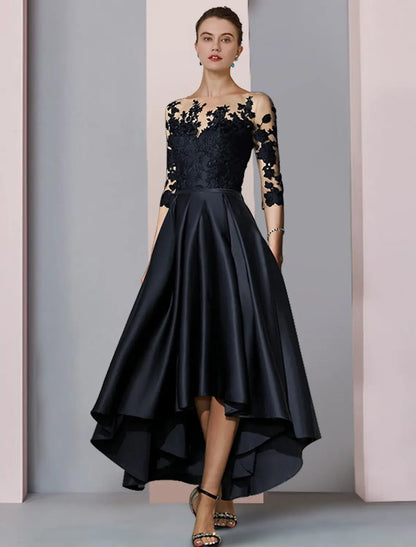 A-Line Lace Dress Mother of the Bride Dress Wedding Guest Elegant High Low Scoop Neck Asymmetrical Tea Length Satin Lace 3/4 Length Sleeve with Pleats Appliques
