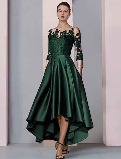 A-Line Lace Dress Mother of the Bride Dress Wedding Guest Elegant High Low Scoop Neck Asymmetrical Tea Length Satin Lace 3/4 Length Sleeve with Pleats Appliques