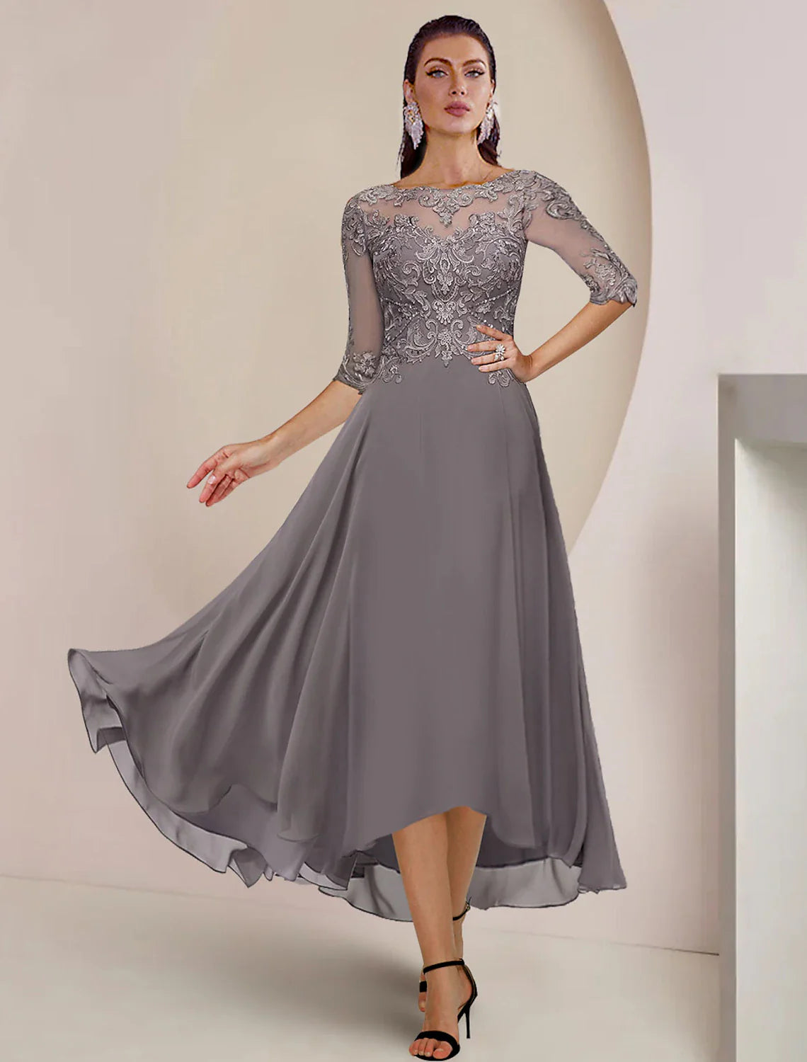 A-Line Lace Dress Mother of the Bride Dress Formal Wedding Guest Elegant High Low Scoop Neck Asymmetrical Tea Length Chiffon Lace Half Sleeve with Pleats Appliques