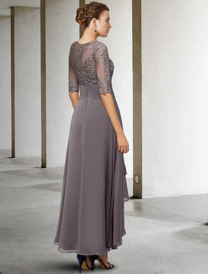 A-Line Mother of the Bride Dress Wedding Guest Elegant Plus Size High Low V Neck Asymmetrical Ankle Length Chiffon Lace Half Sleeve with Beading Appliques