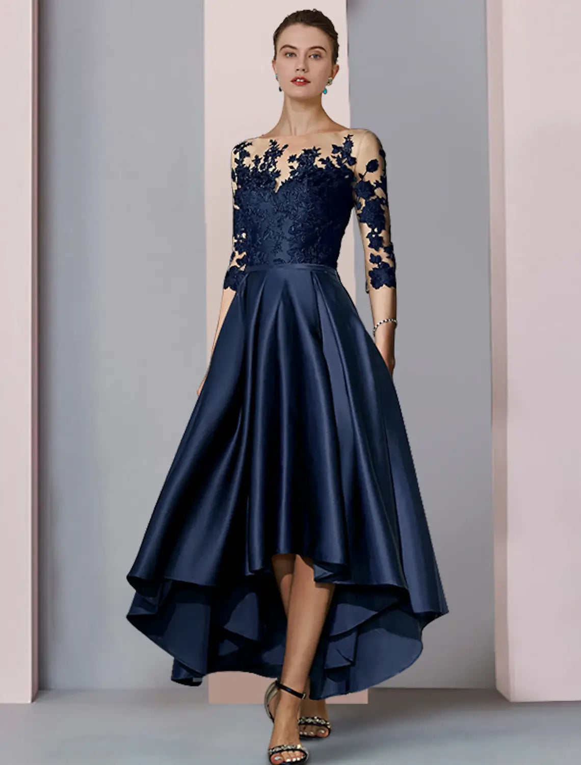 A-Line Lace Dress Mother of the Bride Dress Wedding Guest Elegant High Low Scoop Neck Asymmetrical Tea Length Satin Lace 3/4 Length Sleeve with Pleats Appliques
