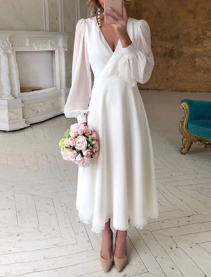 White Ankle-Length Chiffon A-Line Dress with V-Neck and Bishop Sleeves